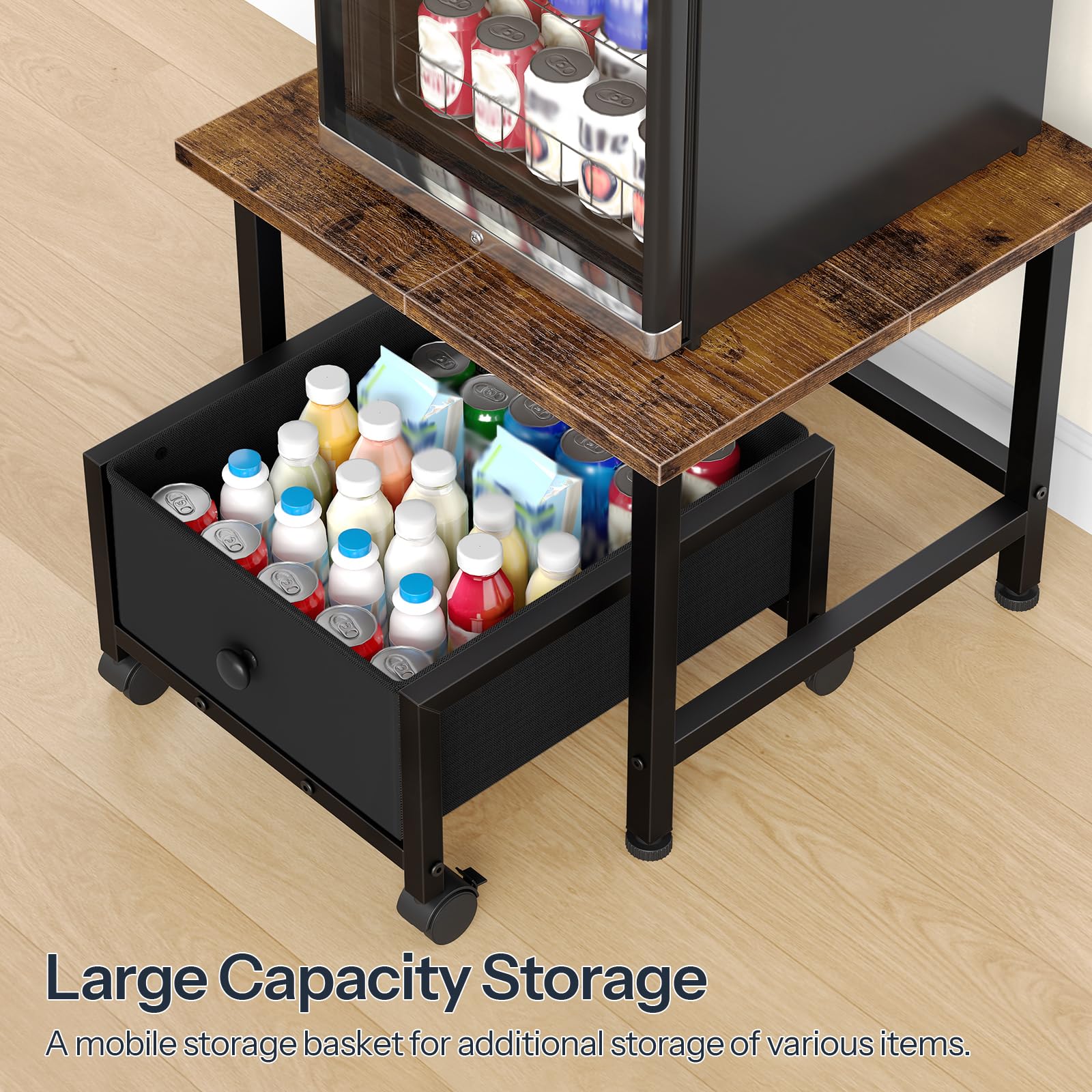 HOOBRO Mini Fridge Stand with Storage Basket and Power Outlet, Mini Fridge Cabinet with Wheels and Adjustable Feet, Mobile Fridge Shelf, for Home