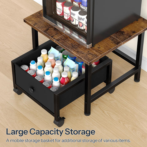 HOOBRO Mini Fridge Stand with Storage Basket and Power Outlet, Mini Fridge Cabinet with Wheels and Adjustable Feet, Mobile Fridge Shelf, for Home