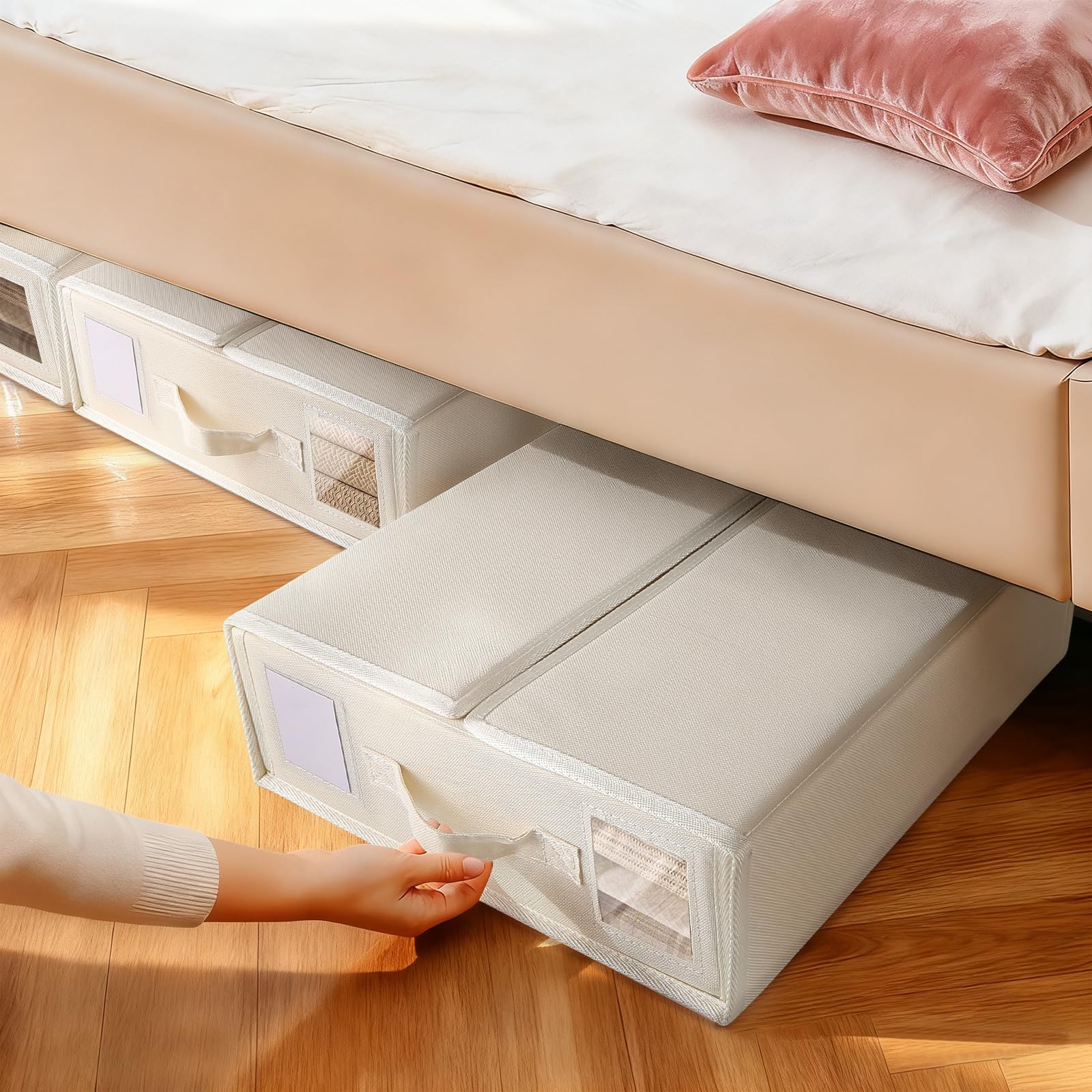 JAECU 4PCS Bed Sheet Organiser Folding Storage, Linen Underbed Storage Box