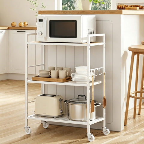 3-Tier kitchen trolley,Oak Wood Top,60W×30Dcm,4 Hooks, Adjustable Shelves