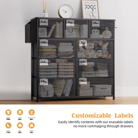 PURFINO Fabric Chest of Drawers - Canvas Storage Unit with 9 Drawers, Label Cards, Side Pocket & Hook for Living Room, Hallway, Bedroom