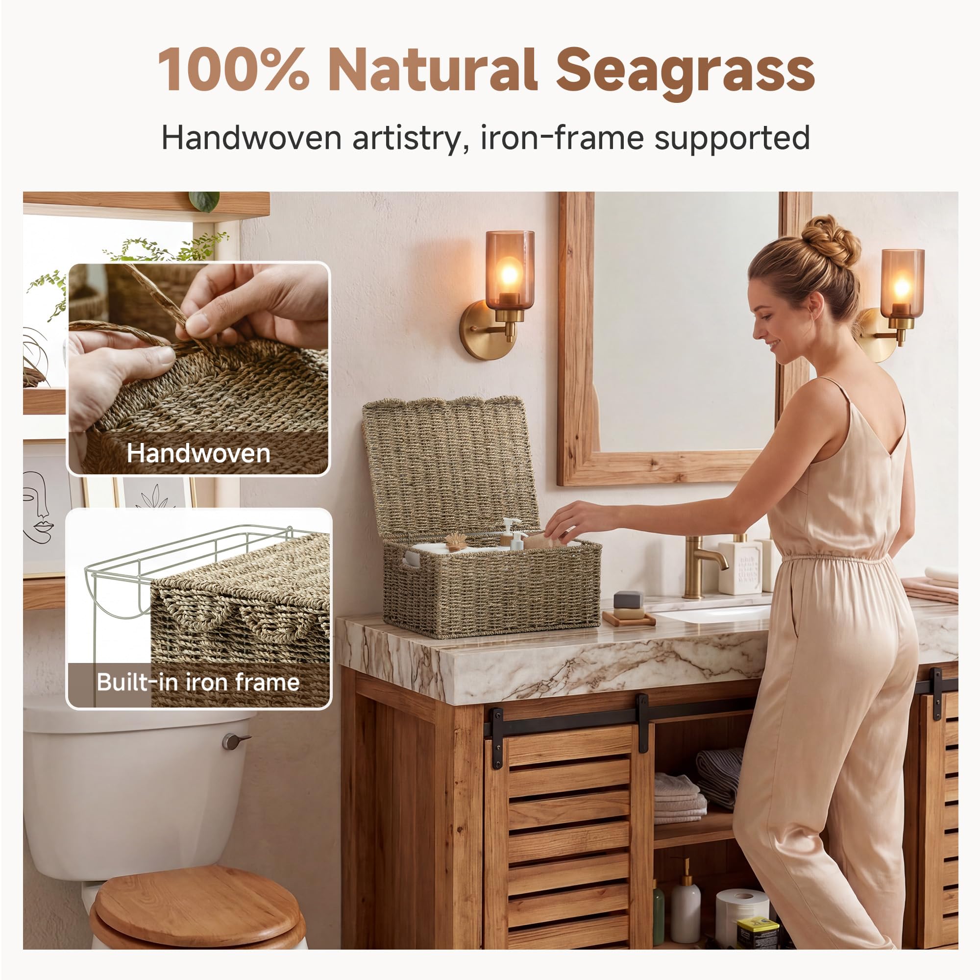 StorageWorks Scalloped Edge Wicker Basket with Lid, Handwoven Natural Seagrass Basket for Décor, Shelves, Nursery Room