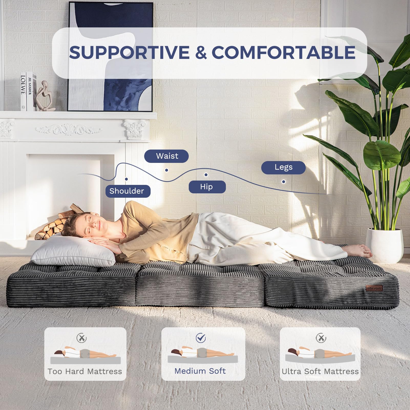 MAXYOYO Folding Mattress, Comfy Corduroy Foldable Mattress with 15cm Thicken Foam, Tri-Fold Floor Futon Sofa Bed for Guest,Dark gray,Double