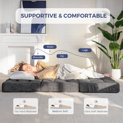 MAXYOYO Folding Mattress, Comfy Corduroy Foldable Mattress with 15cm Thicken Foam, Tri-Fold Floor Futon Sofa Bed for Guest,Dark gray,Double