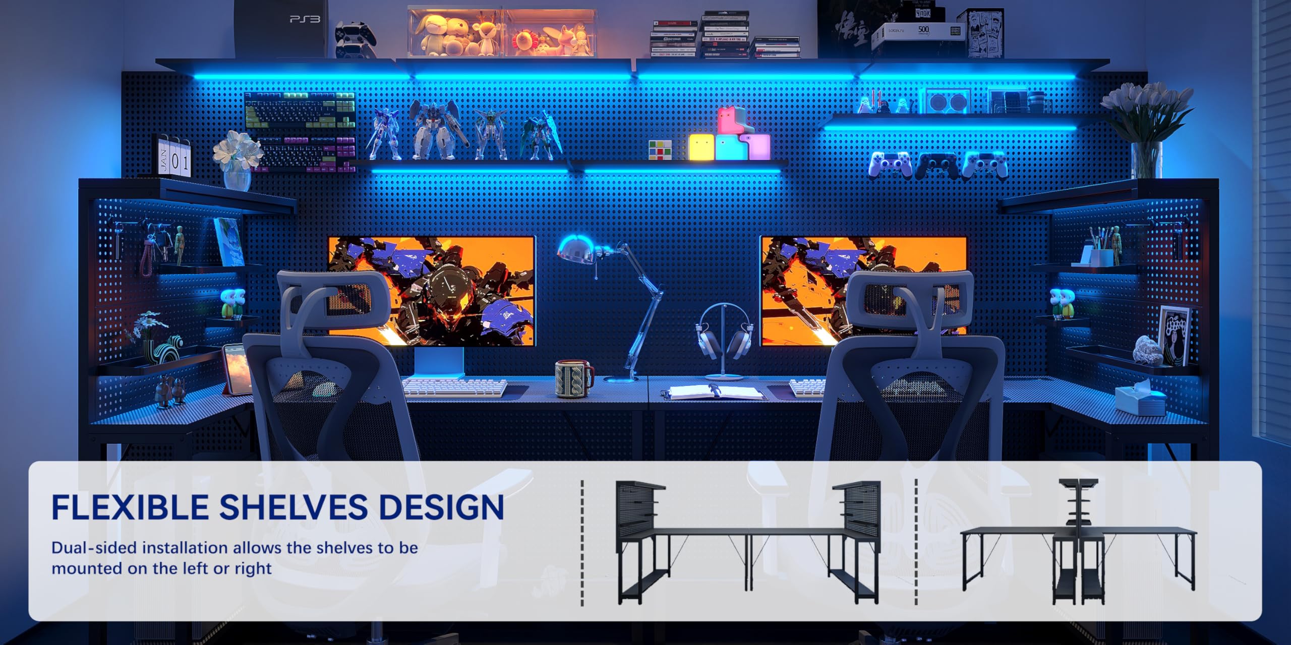 Xyphren L Shaped Gaming Desk with Pegboard Hutch & Shelves, Corner Computer Desk with Power Outlet
