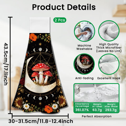 CUTHOLLOW 2 Pcs Mysterious Moon and Mushroom Hanging Kitchen Towels with Loop