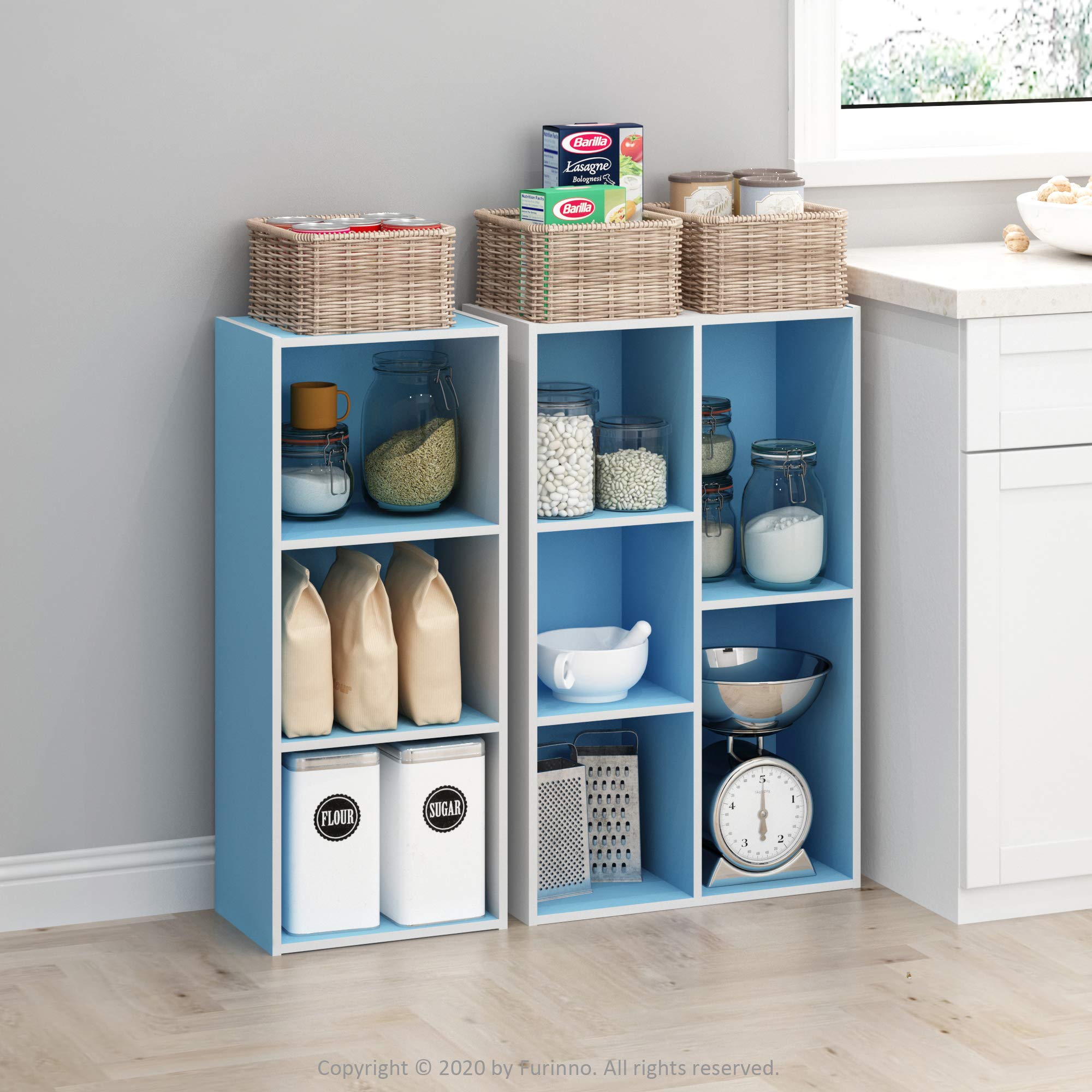 Furinno LUDER Book Shelf, 3-Cube Bookshelf, Bookcase, 9.3 x 12 x 31.5, for Living Room, Bedroom, Home Office, White/Light Blue