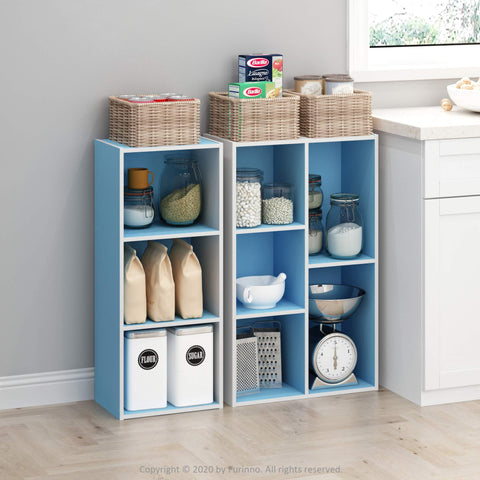 Furinno LUDER Book Shelf, 3-Cube Bookshelf, Bookcase, 9.3 x 12 x 31.5, for Living Room, Bedroom, Home Office, White/Light Blue
