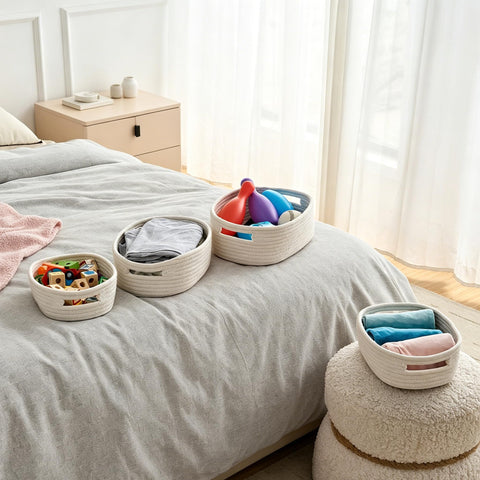 MANGATA Small Cotton Rope Woven Storage Baskets, Hamper Baskets for Gifts Empty, Decorative Storage Boxes for Shelf, Drawer, Towel, Toy, No Crease