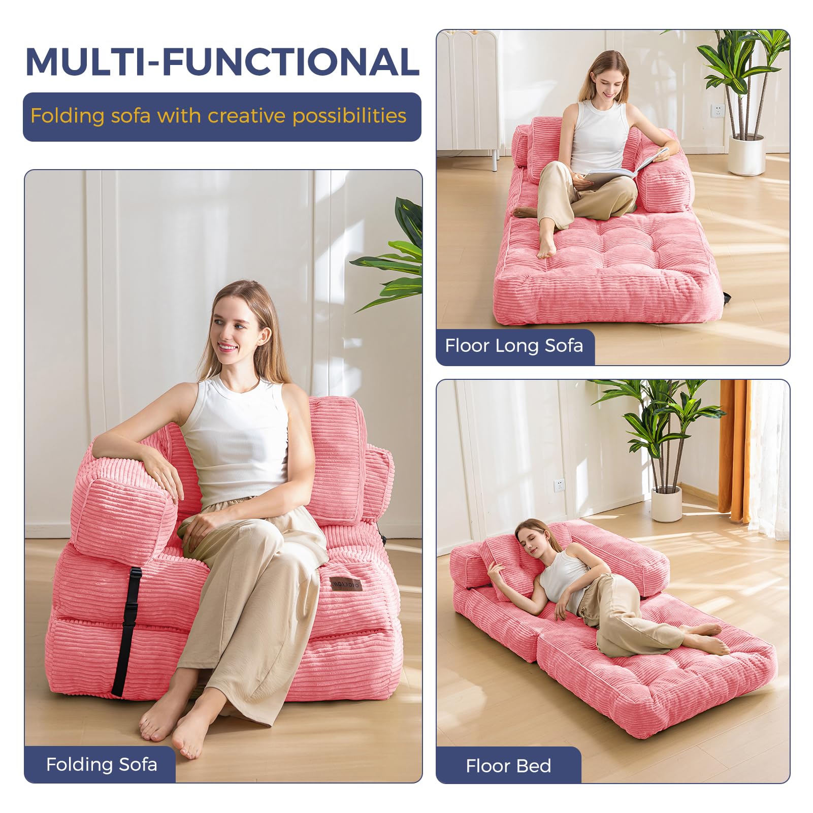 MAXYOYO Foldable Sofa Bed,Bean Bag Couch Convertible Sleeper Chair with Armrest L-Shaped Floor Lounge Sofa with Pillow Portable Lounge Seat for
