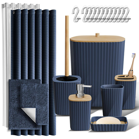 Clara Clark Bathroom Accessories Set - Bathroom Accessory Set with Shower Curtain Set, Toilet Brush, Trash Can & Soap Dispenser & Rugs