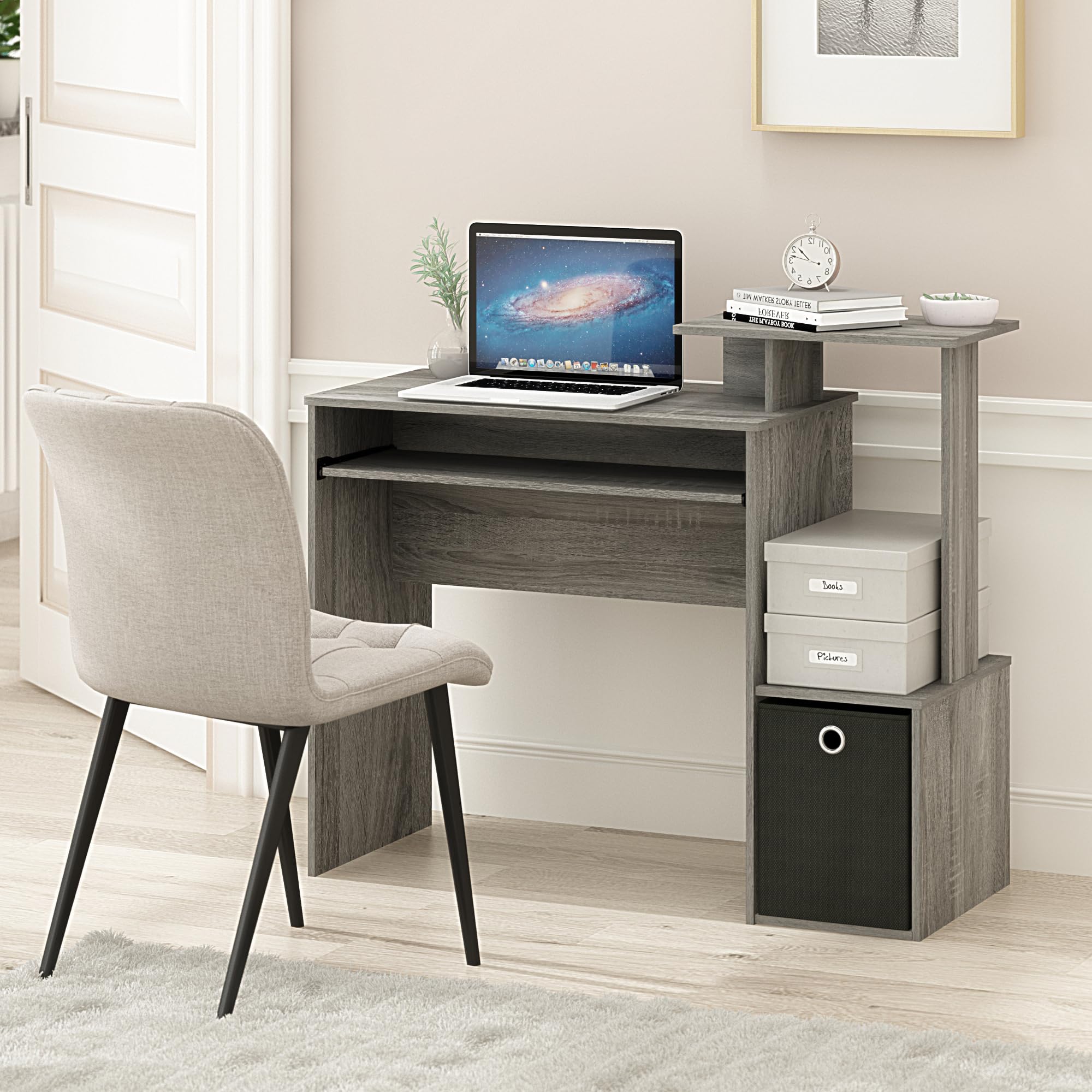 Furinno ECON Desk, Gaming Desk with Keyboard Tray, Computer Desk, Office Desk with Side Shelves and Storage Bin for Home Office, Study Room, Dorm