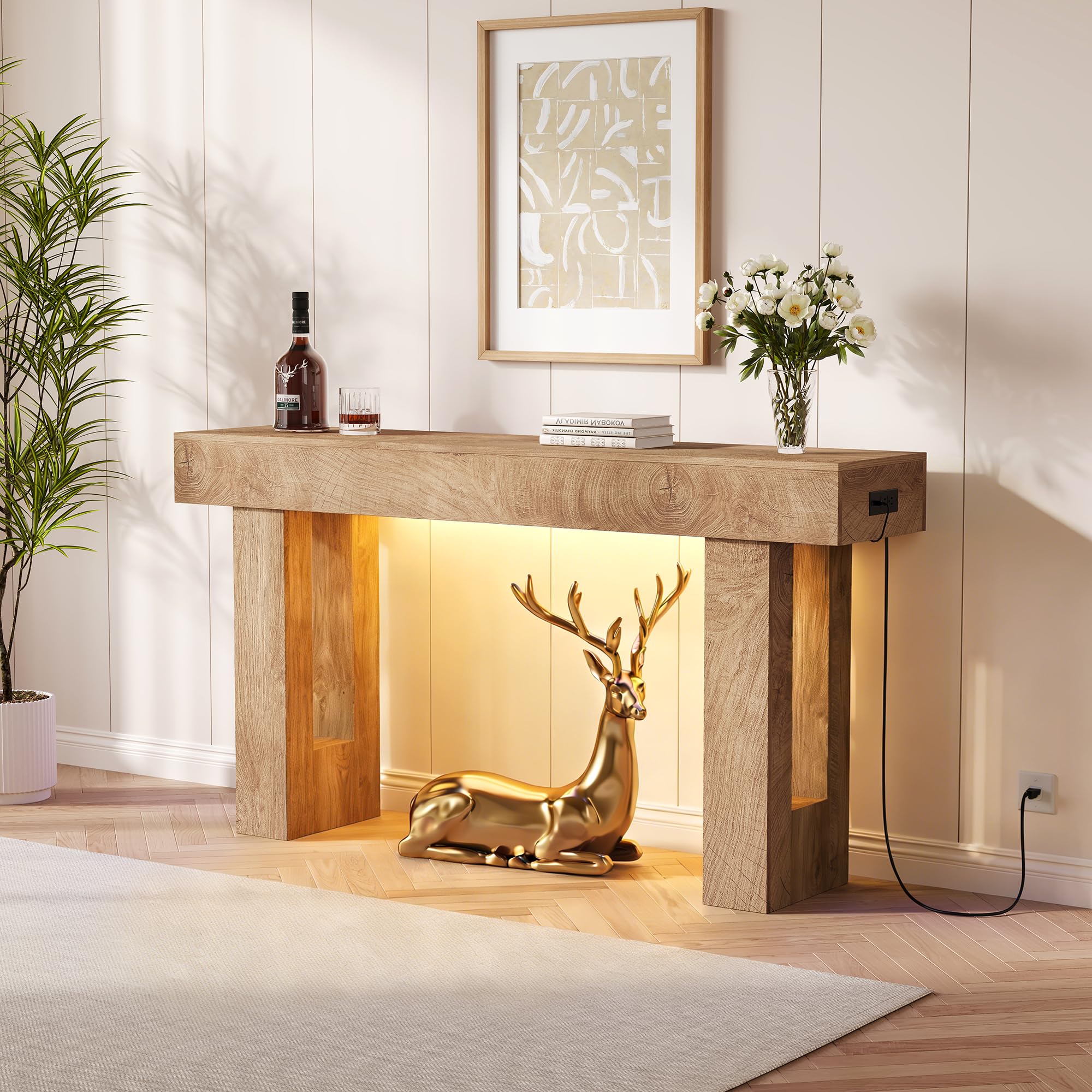 Crevyteg Farmhouse Console Table with Integrated Charging Station and Automatic Sensor Light
