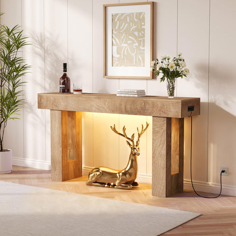 Crevyteg Farmhouse Console Table with Integrated Charging Station and Automatic Sensor Light