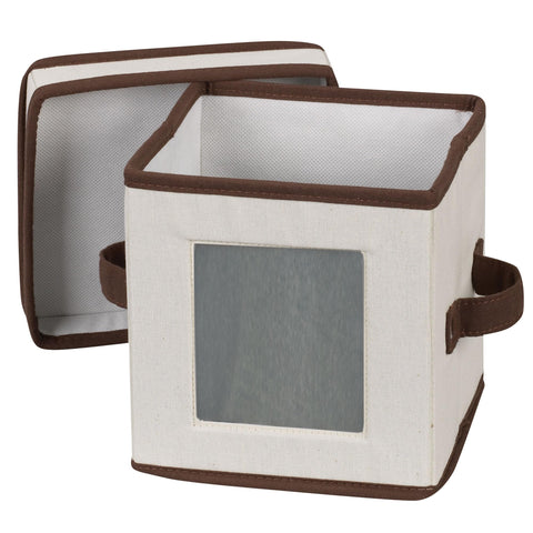 Household Essentials Dinnerware Storage Chest for Saucers, Natural Canvas with Brown Trim