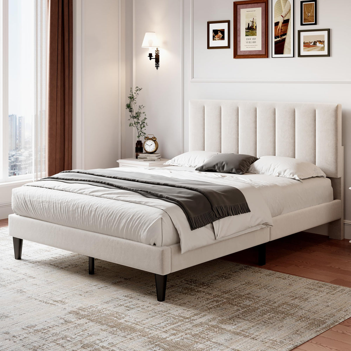 Merax 4ft6 Upholstered Bed Double Bed Frame with Adjustable Headboard,Children's bed,Youth bed,Guest bed,Velvet, Solid Wood Slats,Easy Assembly