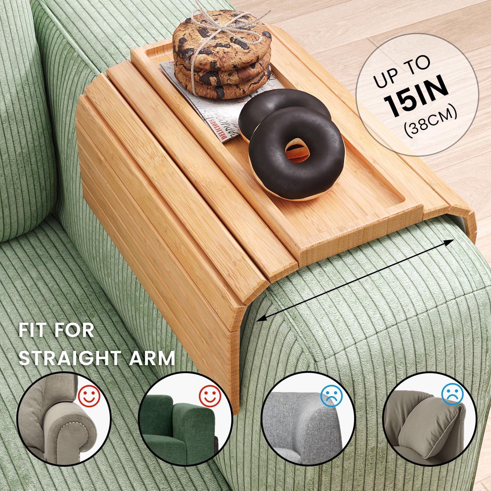 Fibogollo Sofa Arm Tray,Bamboo Folding Couch Arm Tray,1 Pc Sofa Armrest Tray with Anti-Slip Pad for Drinks,Snacks,Phone,Remote Control（Natural）