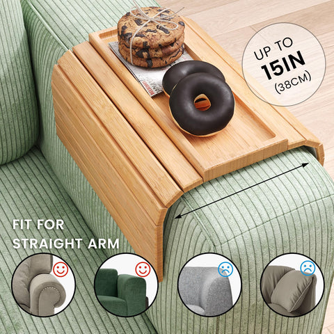 Fibogollo Sofa Arm Tray,Bamboo Folding Couch Arm Tray,1 Pc Sofa Armrest Tray with Anti-Slip Pad for Drinks,Snacks,Phone,Remote Control（Natural）