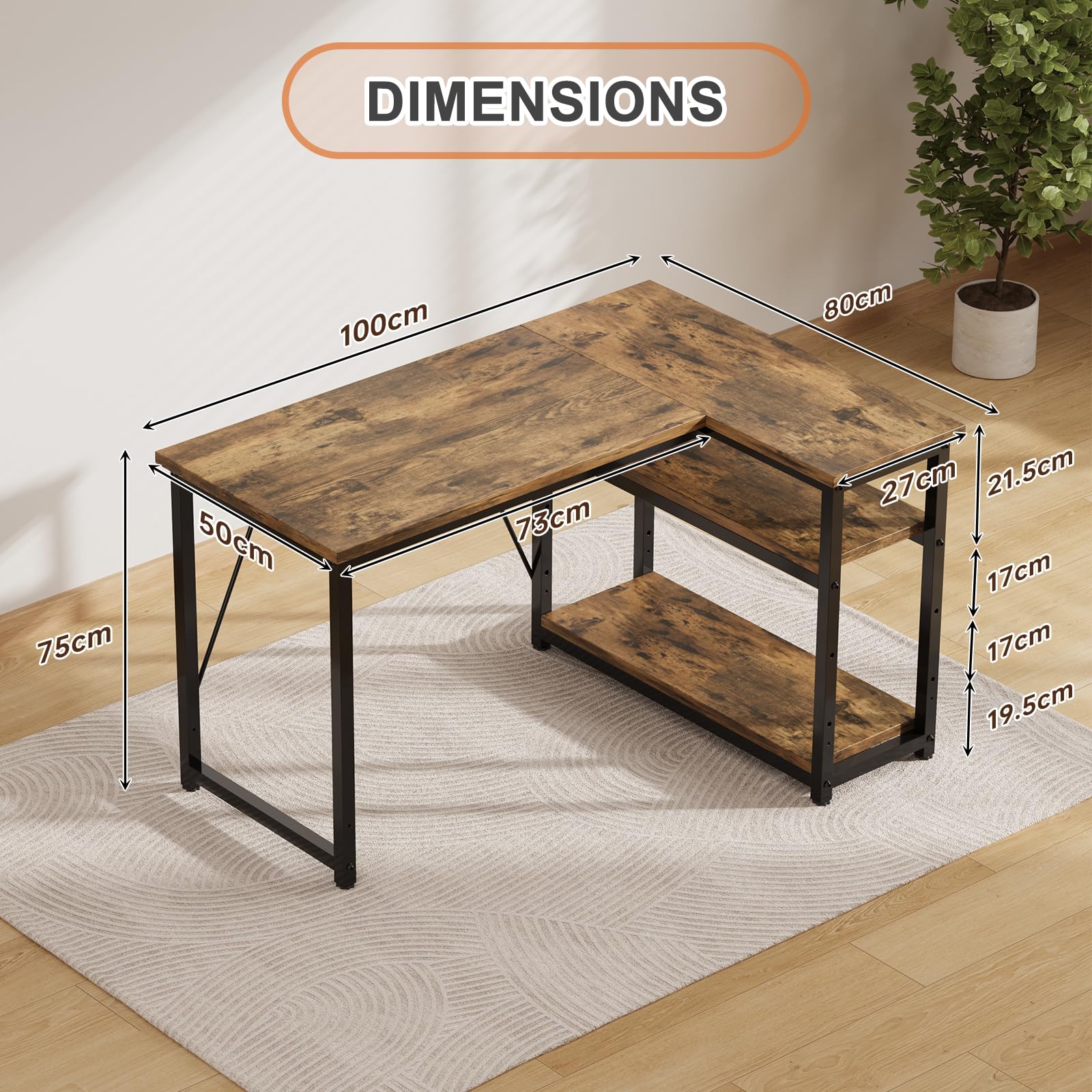 JUMMICO Small L Shaped Desk 100x80cm with Storage, Corner Computer Desk with Reversible Shelf, Sturdy Office Desk & Workstations for Home Office
