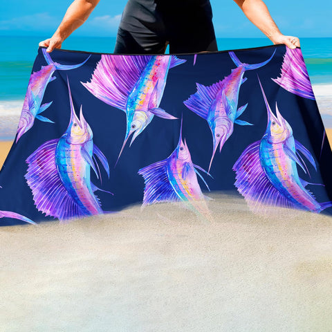 Violetpos Colorful Sailfish Print Beach Towel, Extra Large 180x90 cm 250GSM Microfibre, Sand Free Quick Dry