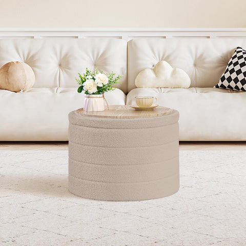 PINPLUS Round Ottoman Storage, Convertible Table, Beige, 56x56x40 cm