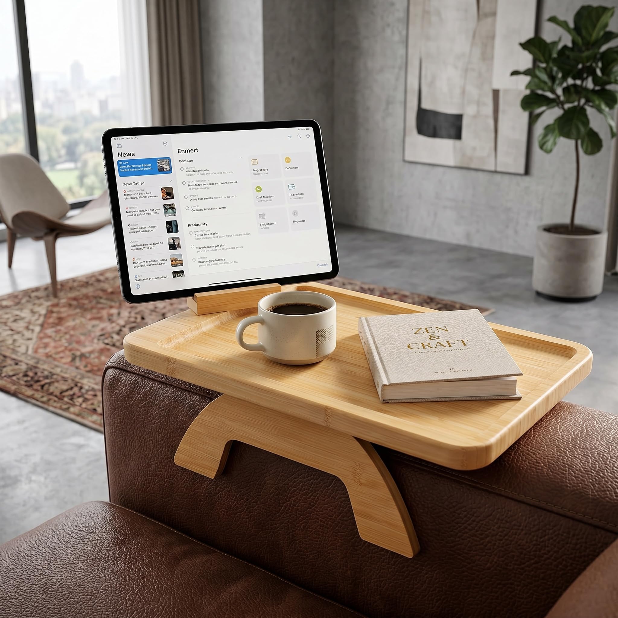 Sofa Arm Tray, Bamboo Couch Arm Tray Table with 360° Rotating Phone Holder, Clip on Sofa Armrest Tray Table, Foldable Sofa Side Table for Drinks