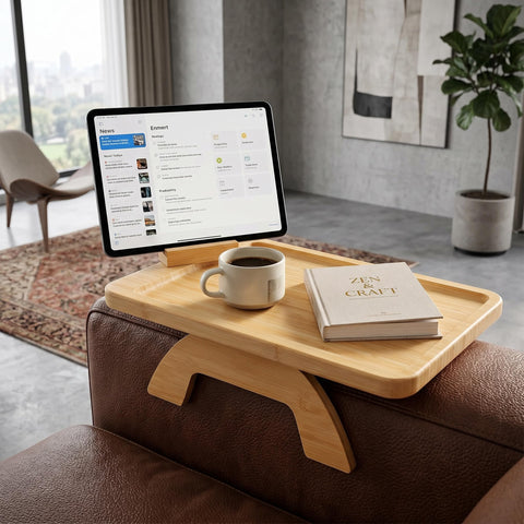 Sofa Arm Tray, Bamboo Couch Arm Tray Table with 360° Rotating Phone Holder, Clip on Sofa Armrest Tray Table, Foldable Sofa Side Table for Drinks