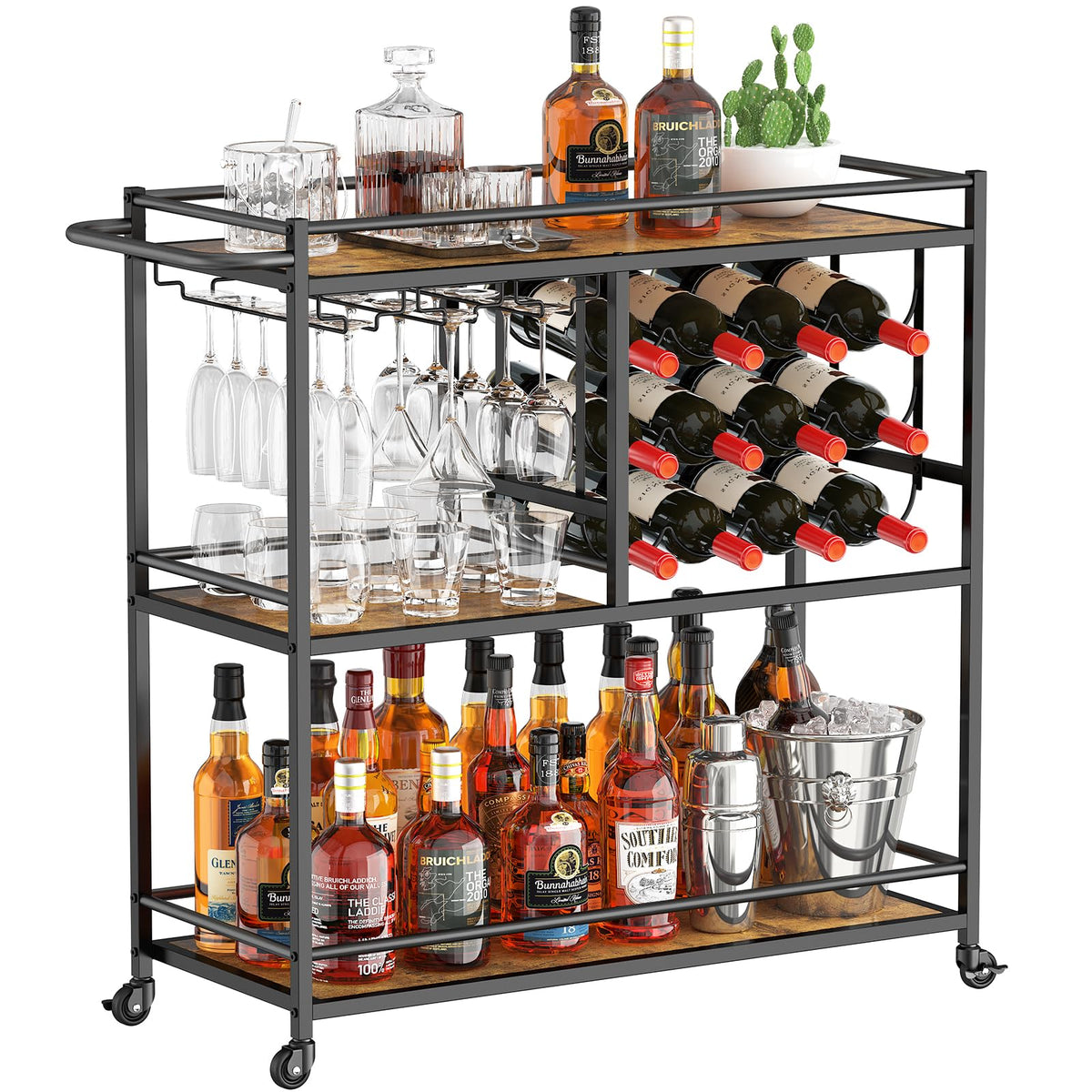 Lifewit 3 Tier Drinks Trolley with Lockable Wheels,Rustic Brown