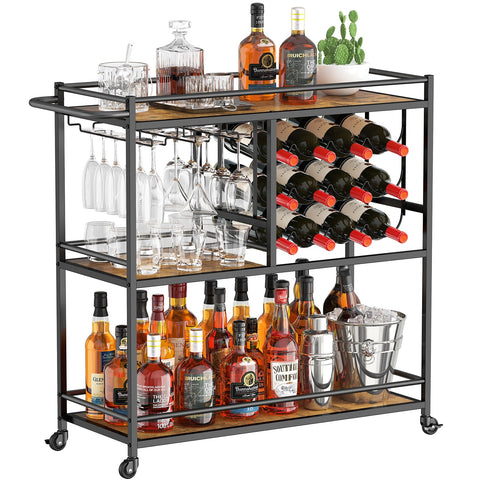 Lifewit 3 Tier Drinks Trolley with Lockable Wheels,Rustic Brown