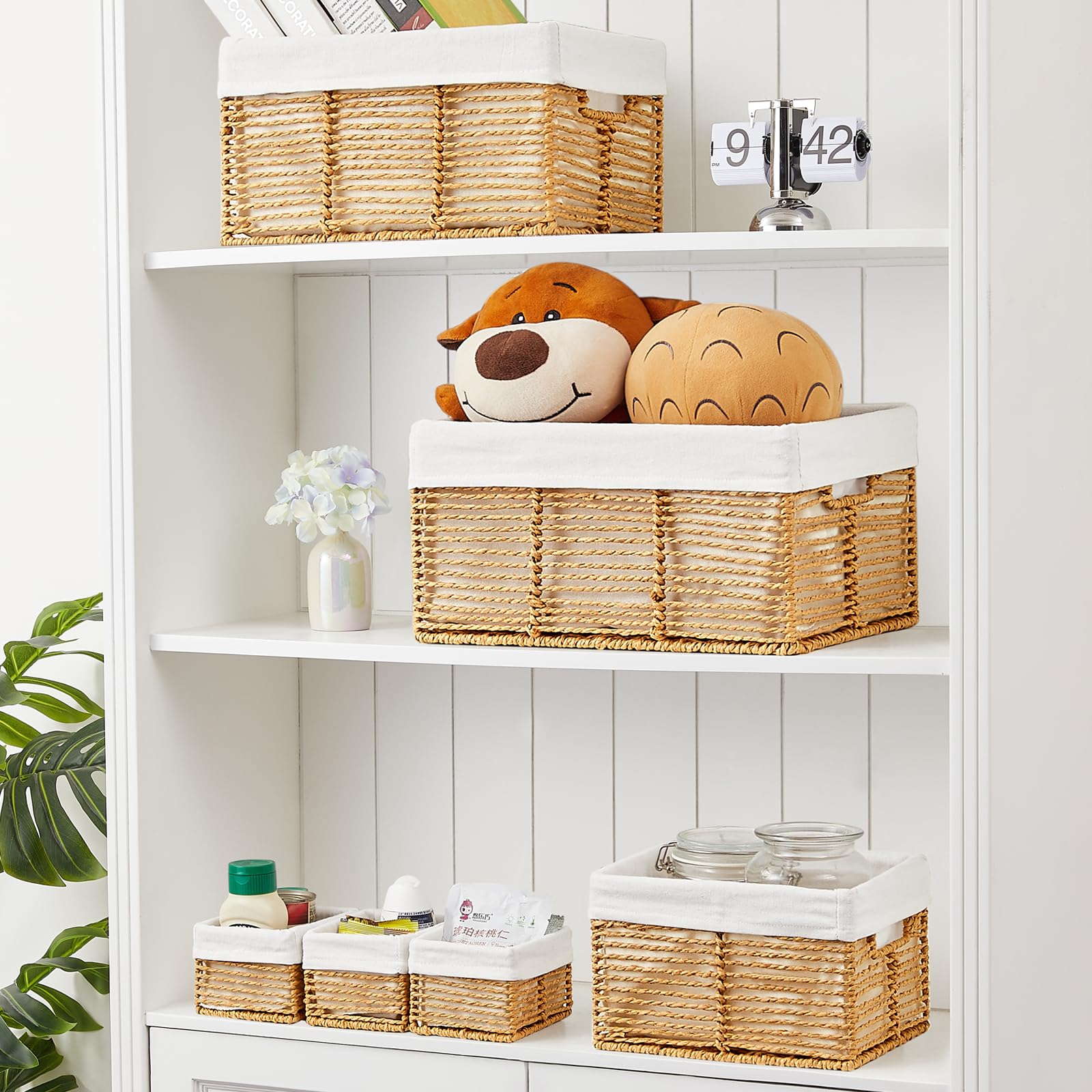 Vagusicc Wicker Storage Basket, Set of 6 Hand-Woven Display Hamper Basket with Handle, Wicker Basket for Shelves Closet