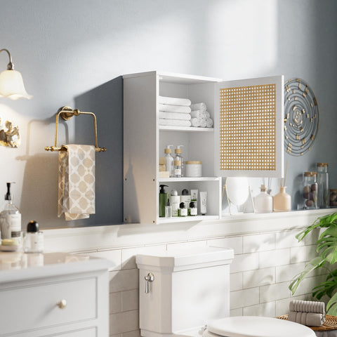 vovala Bathroom Wall Cabinet, Bamboo Over-The-Toilet Storage Organizer with Rattan Doors and Adjustable Shelf