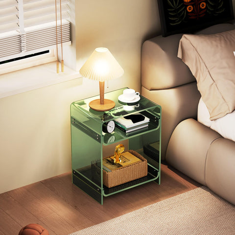 Acrylic End Table with Storage Shelf, Clear Side Table, Record Player Table, Nightstand, 15.7x19.7x11.8 (Green, 40×30×50 cm)