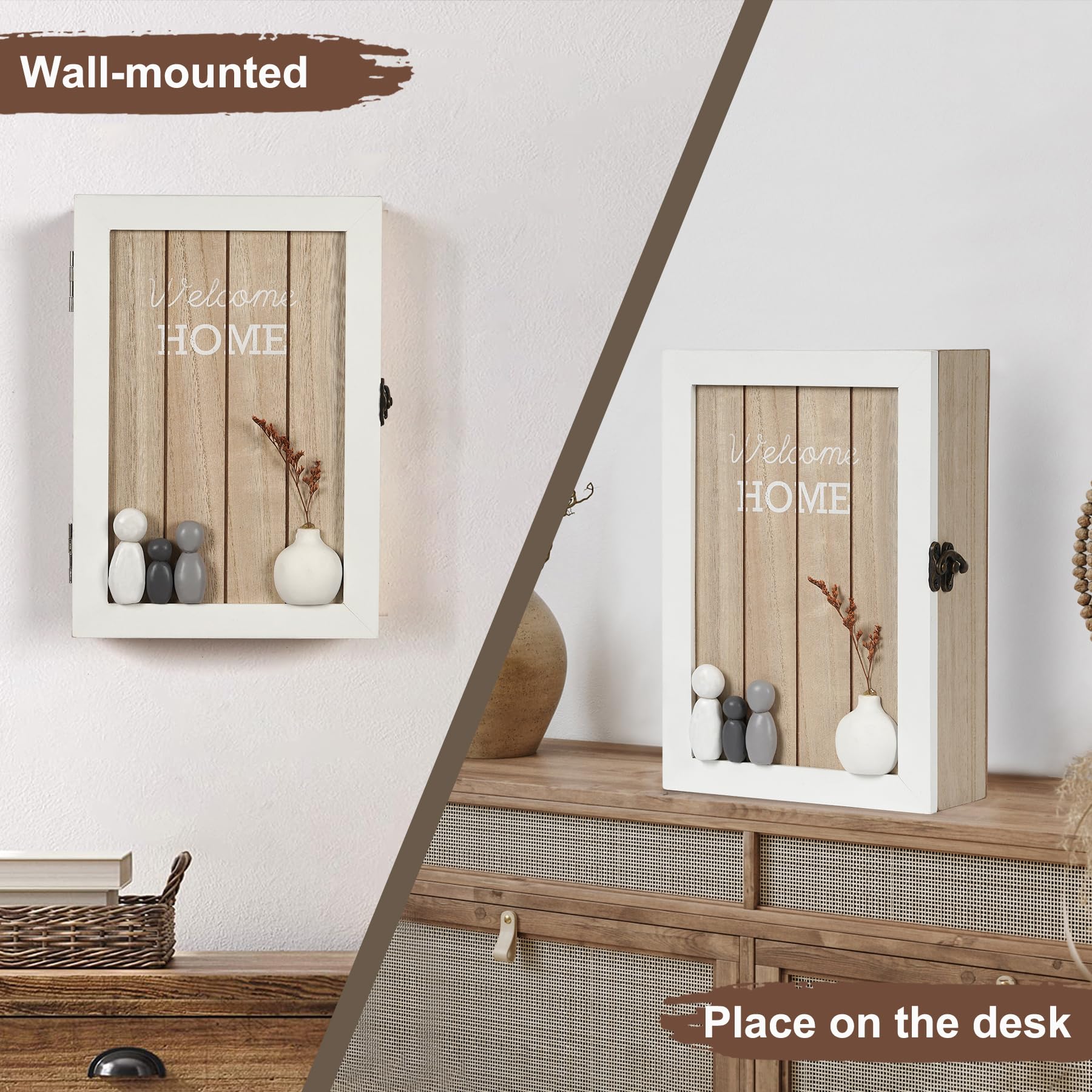 Optyuwah Wooden Key Cabinet with Dried Flowers Key Cabinet 6 Key Hooks Key Rack Wall Decoration L for Entrance, Hallway, Office Key Holder L White