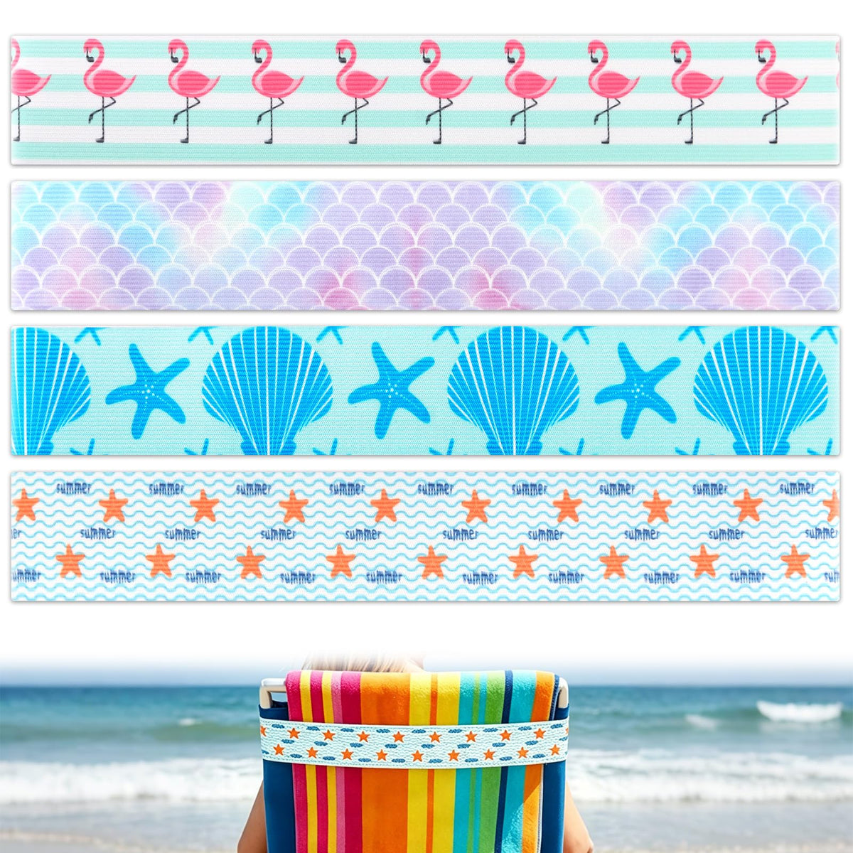 RTDHO 4Pcs Beach Towel Bands for Sun Loungers,40x4.5cm Elastic Sunbed Strap