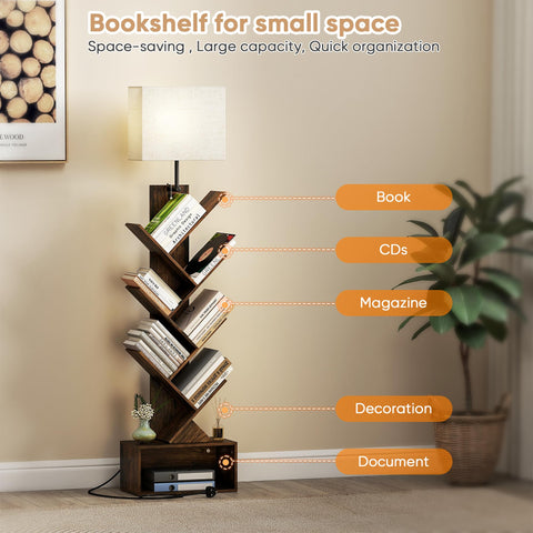 Quikraen 6-Tier Tree Bookshelf with LED Light, Rustic Brown