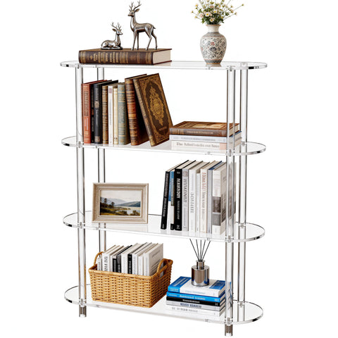 Clear Acrylic Bookshelf Bookcase, Narrow Oval, 4 Tier, 80 x 24 x 102 cm