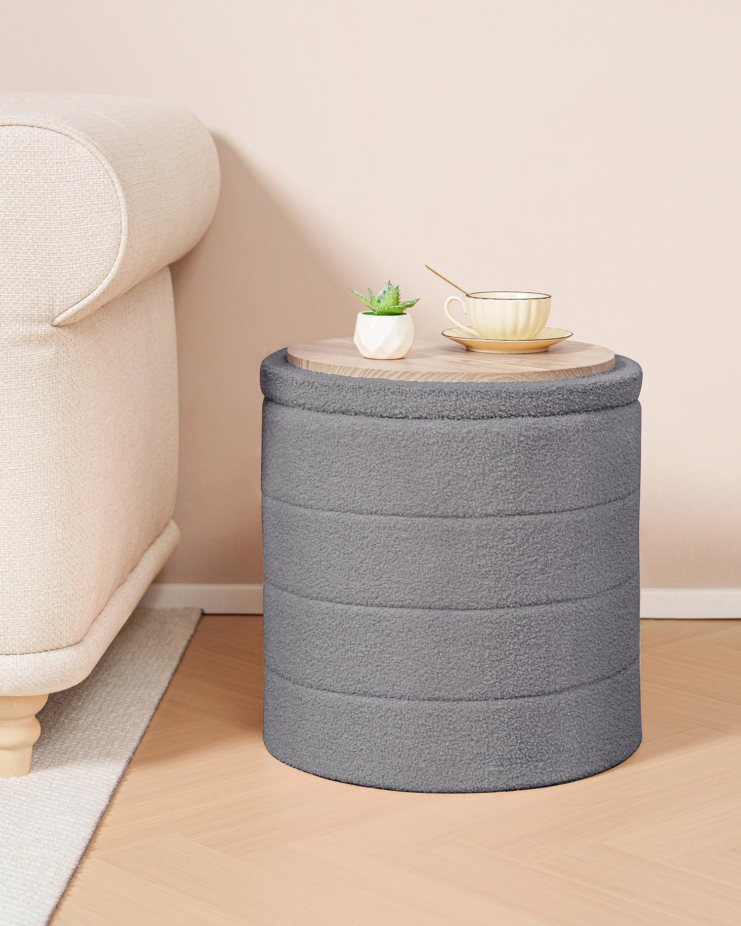 Bonlife Boucle Ottoman Storage, Foot Rest Stool Seat, Folding Footstool for Living Room, Sherpa Ottoman for Bedroom, Grey, 43x43x45 cm