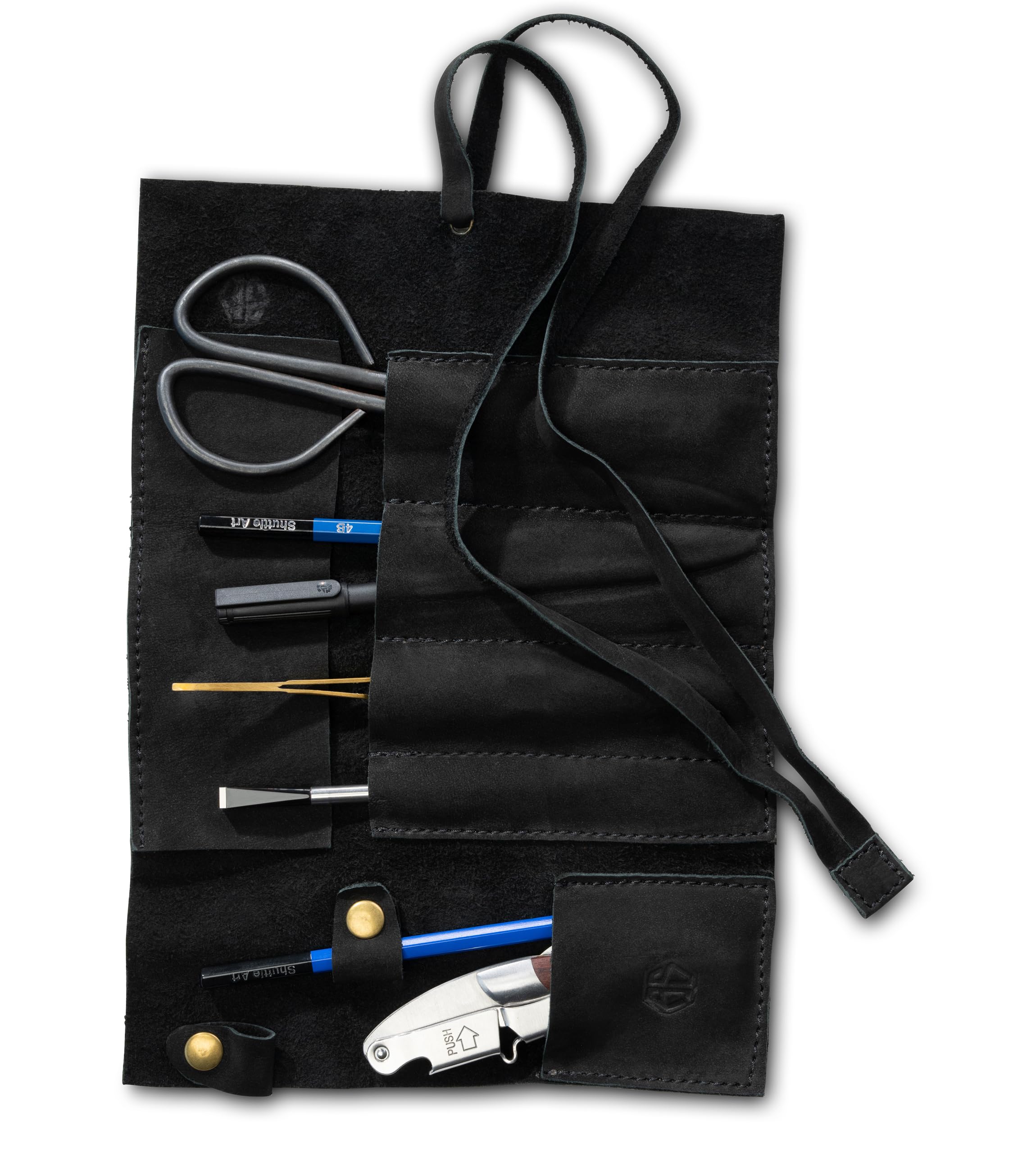 Angus Stoke Leather Roll Bag (Black) - Handmade Leather Case for Pens, Brushes and Accessories, 4 Compartments, Leonardo