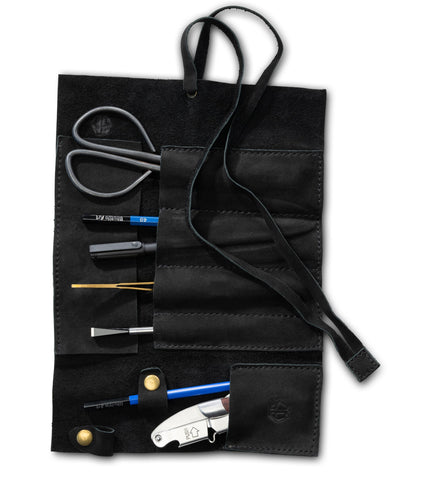 Angus Stoke Leather Roll Bag (Black) - Handmade Leather Case for Pens, Brushes and Accessories, 4 Compartments, Leonardo
