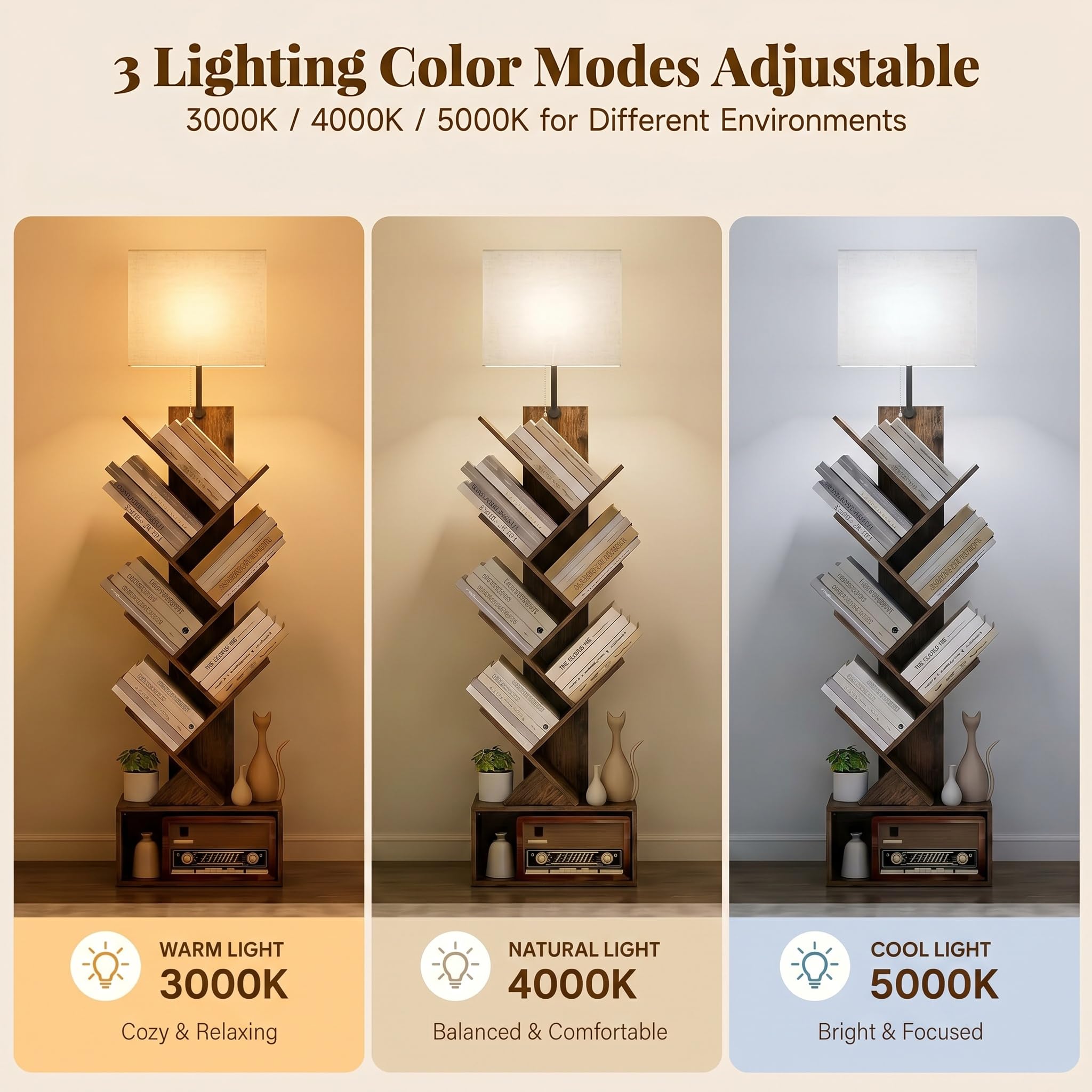 Quikraen 6-Tier Tree Bookshelf with LED Light, Rustic Brown