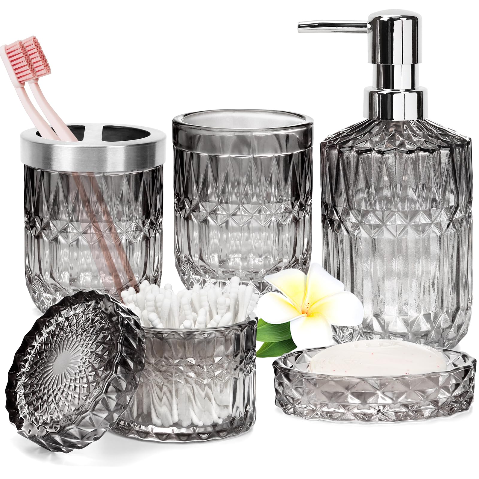Glass Bathroom Accessories Set of 5, Gradient Smoke Gray Organizer Kit