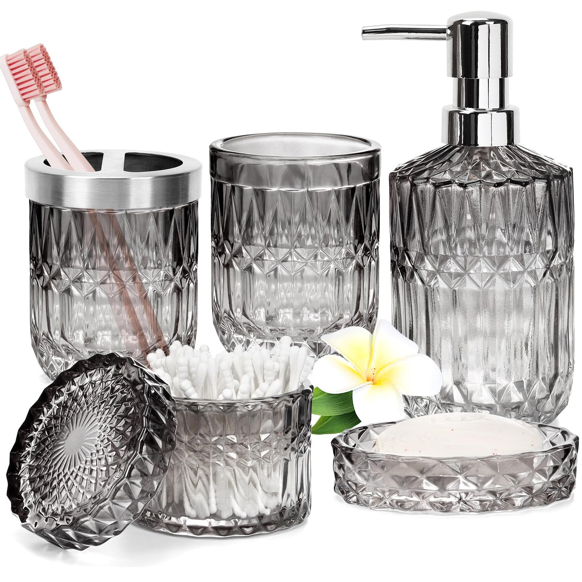 Glass Bathroom Accessories Set of 5, Gradient Smoke Gray Organizer Kit