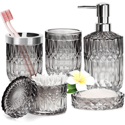 Glass Bathroom Accessories Set of 5, Gradient Smoke Gray Organizer Kit