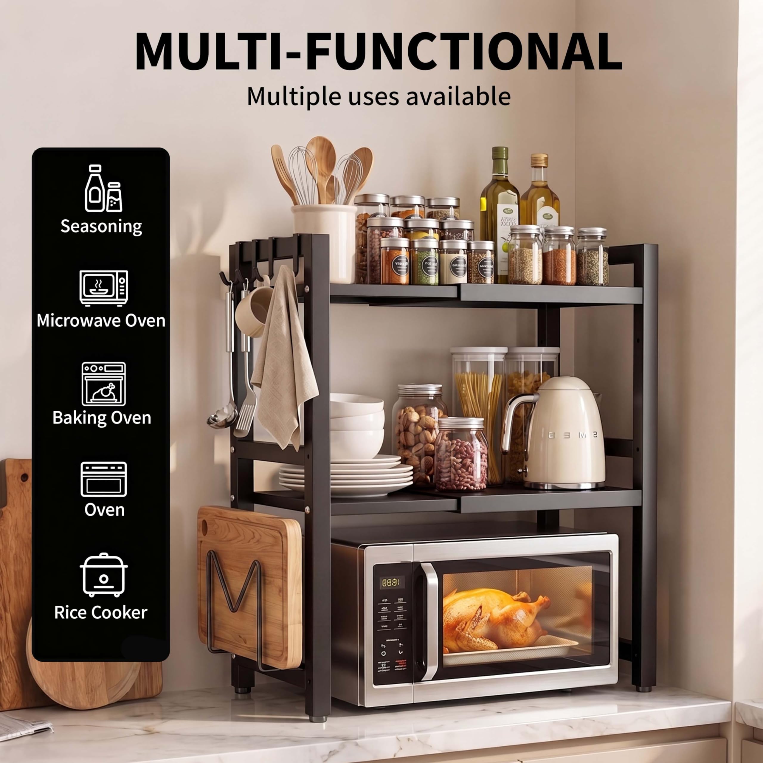 Kiseely Expandable Microwave Shelf, Shelf Stand Extendable for Kitchen Countertop, Oven Rack with 6 Hooks, Kitchen Countertop Organiser Shelves