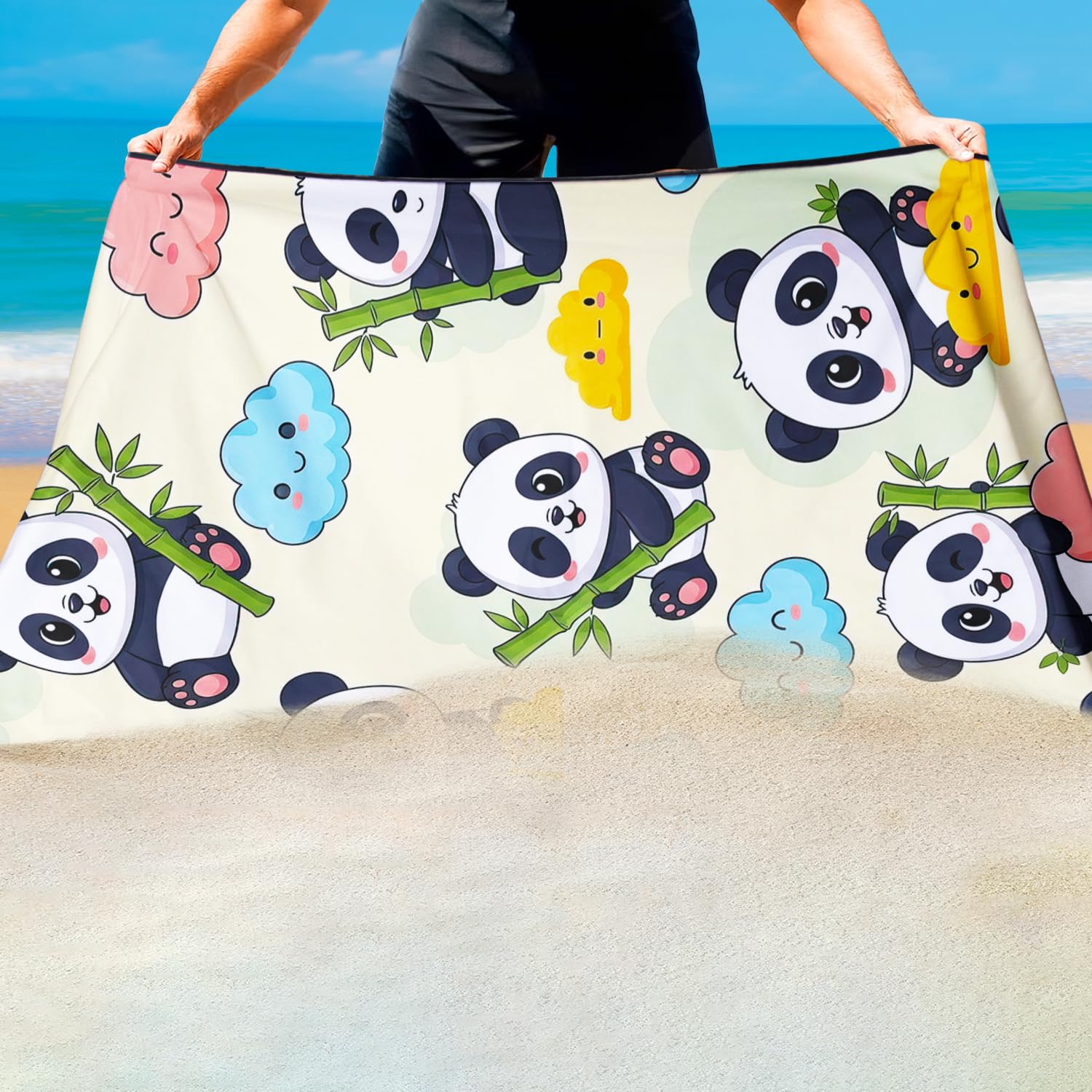 Violetpos Cute Panda & Cloud Beach Towel, Extra Large 180x90 cm 250GSM Microfibre, Sand Free Quick Dry