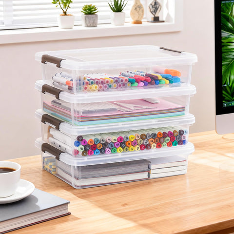 Citylife 5Pack Craft Storage Boxes, 4.5L A4 Plastic Storage boxes with Lids, Handles, Transparent Stackable Craft Organiser for Document, Book