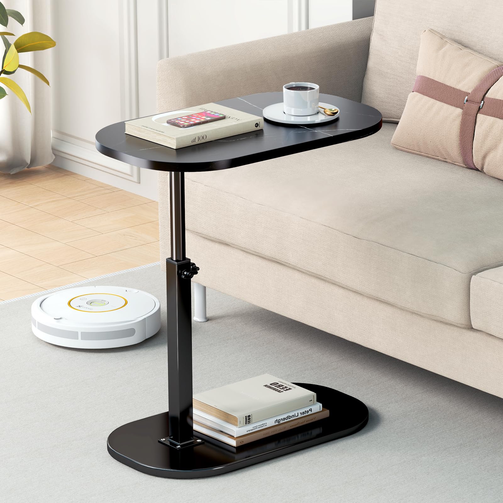 C Shaped Side Table Adjustable Height, 360°Swivel Sofa Side Table That Slide Under, Small Coffee End Table for Couch and Bedside