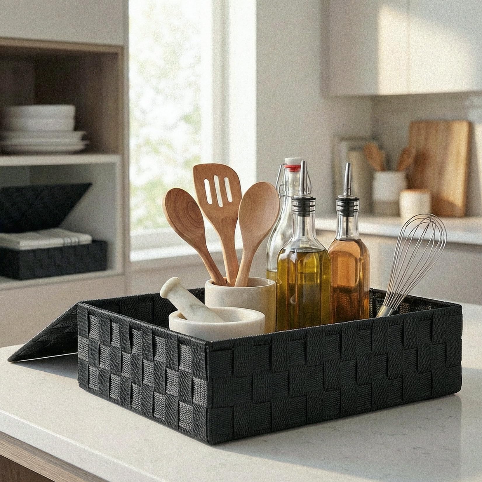 EHC Storage Boxes With Lid Set of 3, Storage baskets for shelves Woven, Storage Organiser Hamper Baskets, Black