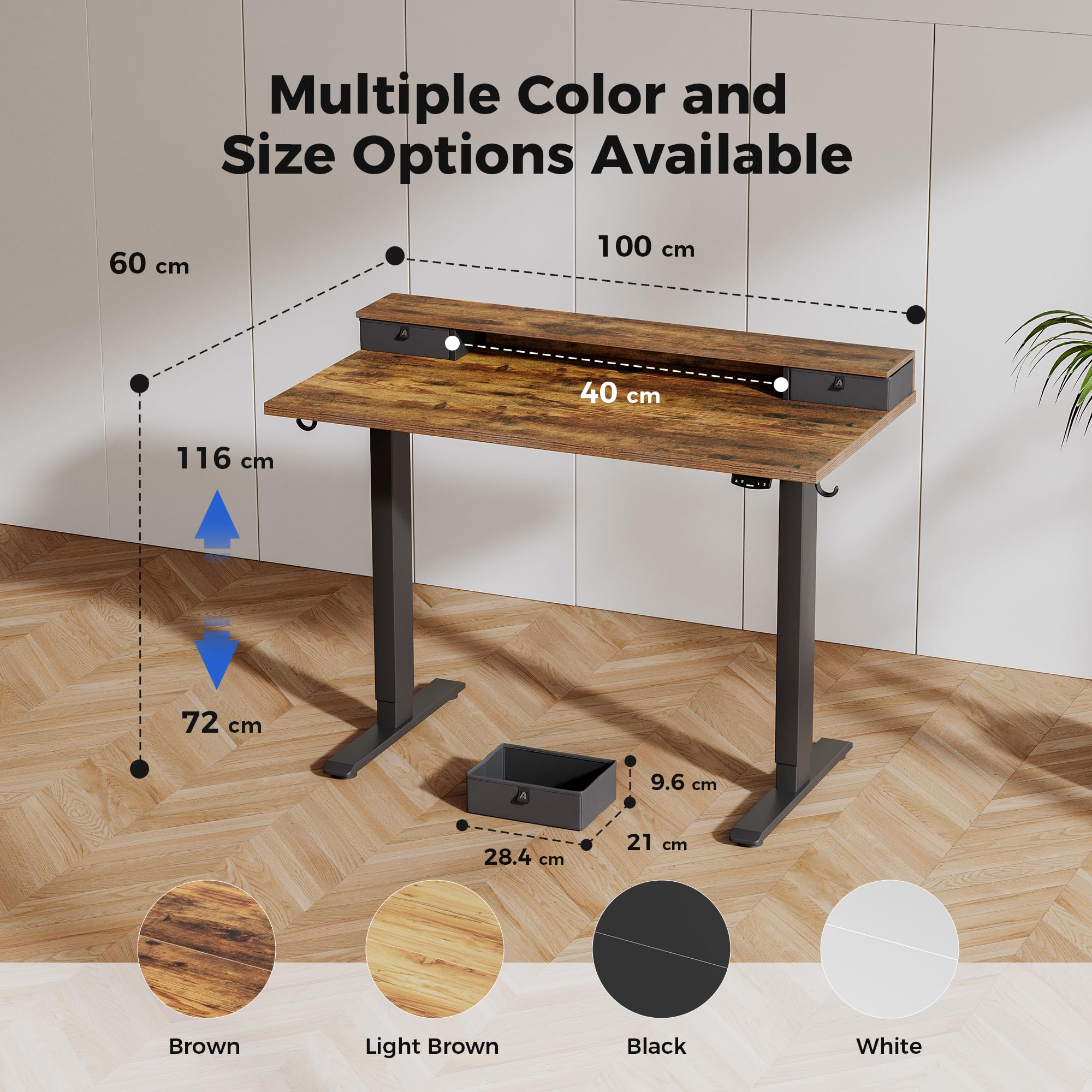 Agilestic Electric Adjustable Height Desk, with 2 Fabric Drawers, 100x60cm