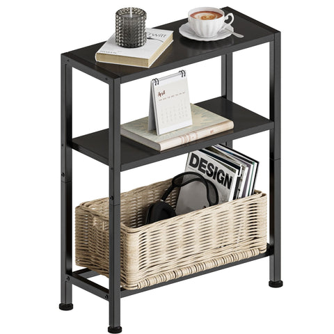 Vantimo Narrow Side Table, 3-Tier Small Shelving Unit, Slim Bedside Table for Small Space, Living Room, Bedroom, Sofa, Couch (Black)